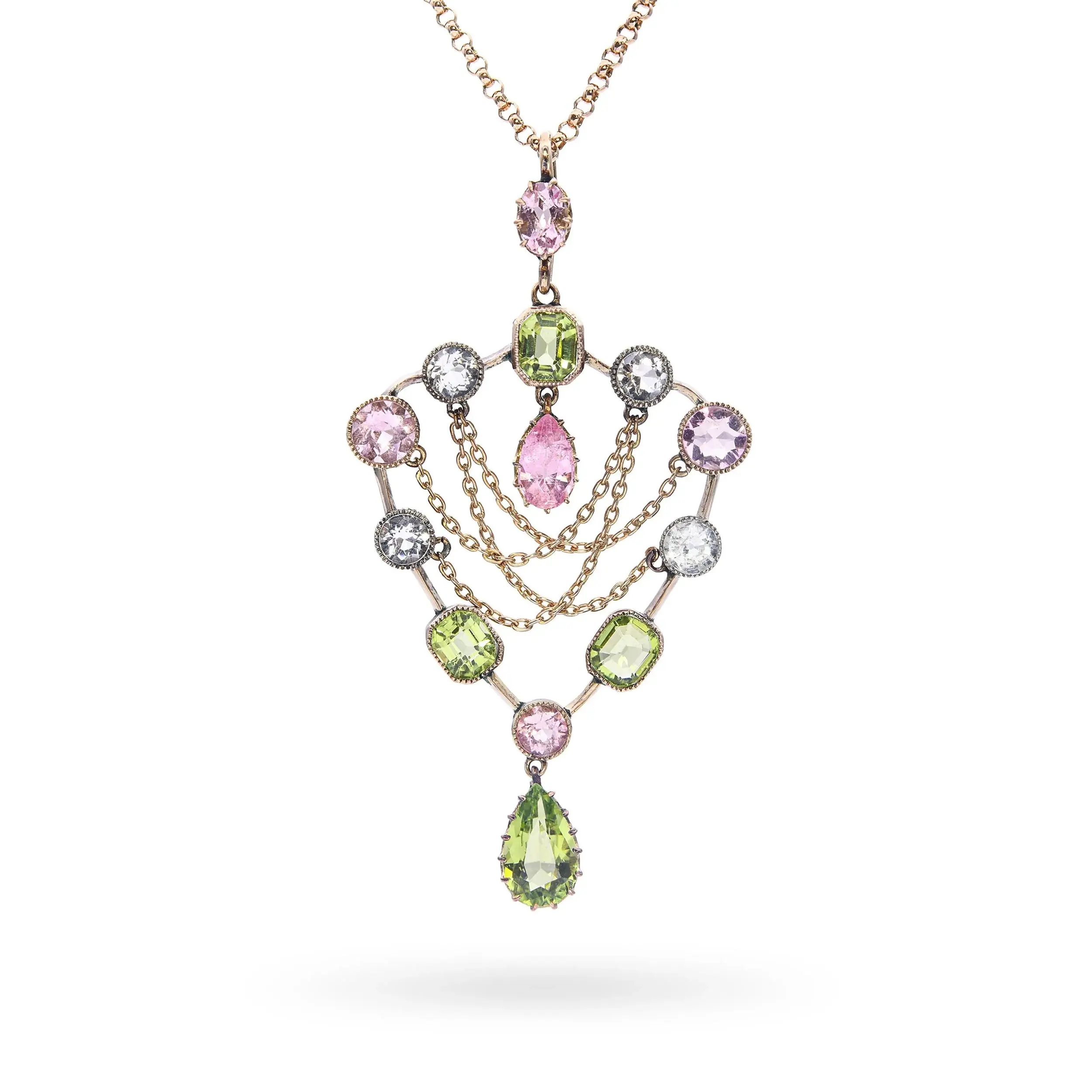 Antique Art Nouveau 9k Rose Gold Gemstone Drop Pendant Necklace
