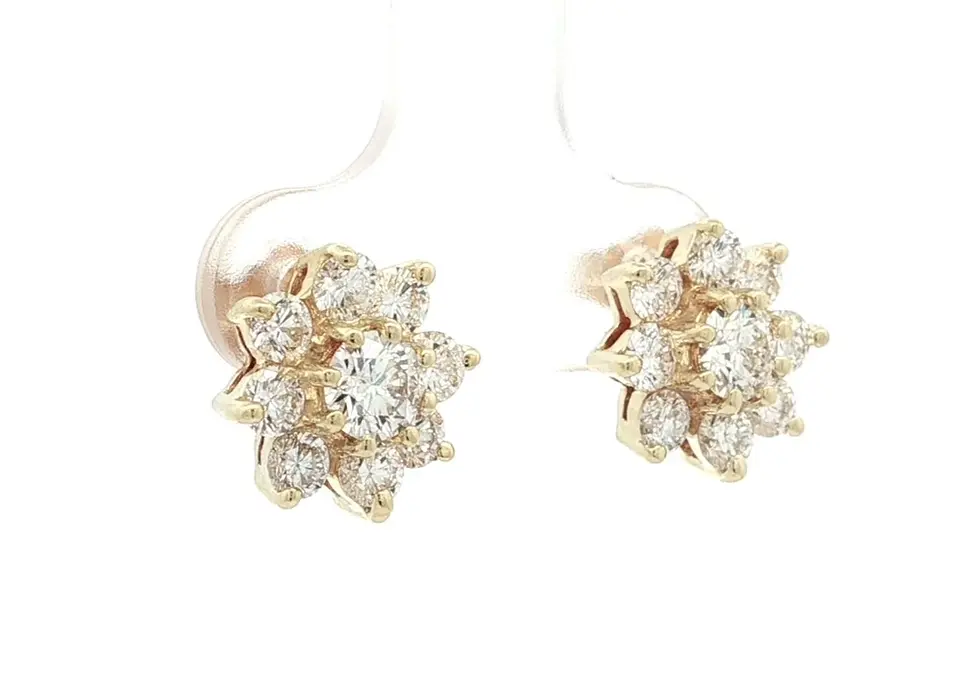 Thumbnail: 14k Yellow Gold 1.84ctw Round Brilliant Cut Diamond Flower Cluster Stud Earrings