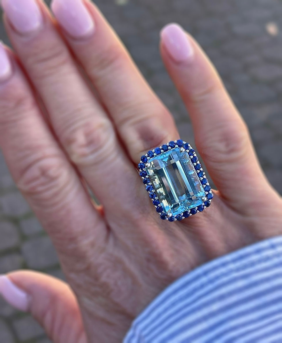 Thumbnail: NEW Platinum 20.67ctw Large Emerald Cut Aquamarine & Sapphire Halo Ring