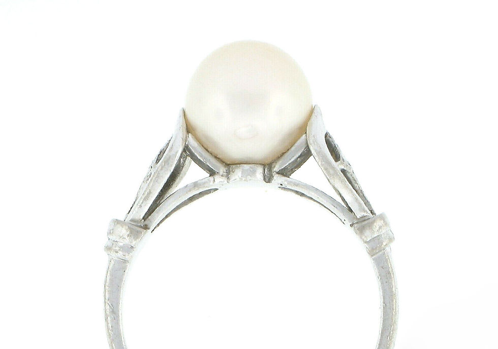 Thumbnail: Antique Art Deco 14K White Gold Cultured Pearl Solitaire w/ Floral Sides Ring