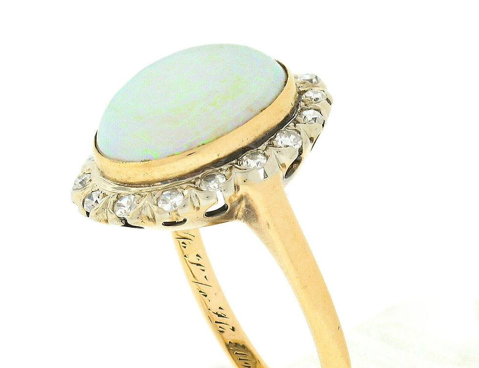 Thumbnail: Art Deco 14K Gold Oval Cabochon Opal Solitaire Old Cut Diamond Halo Cluster Ring