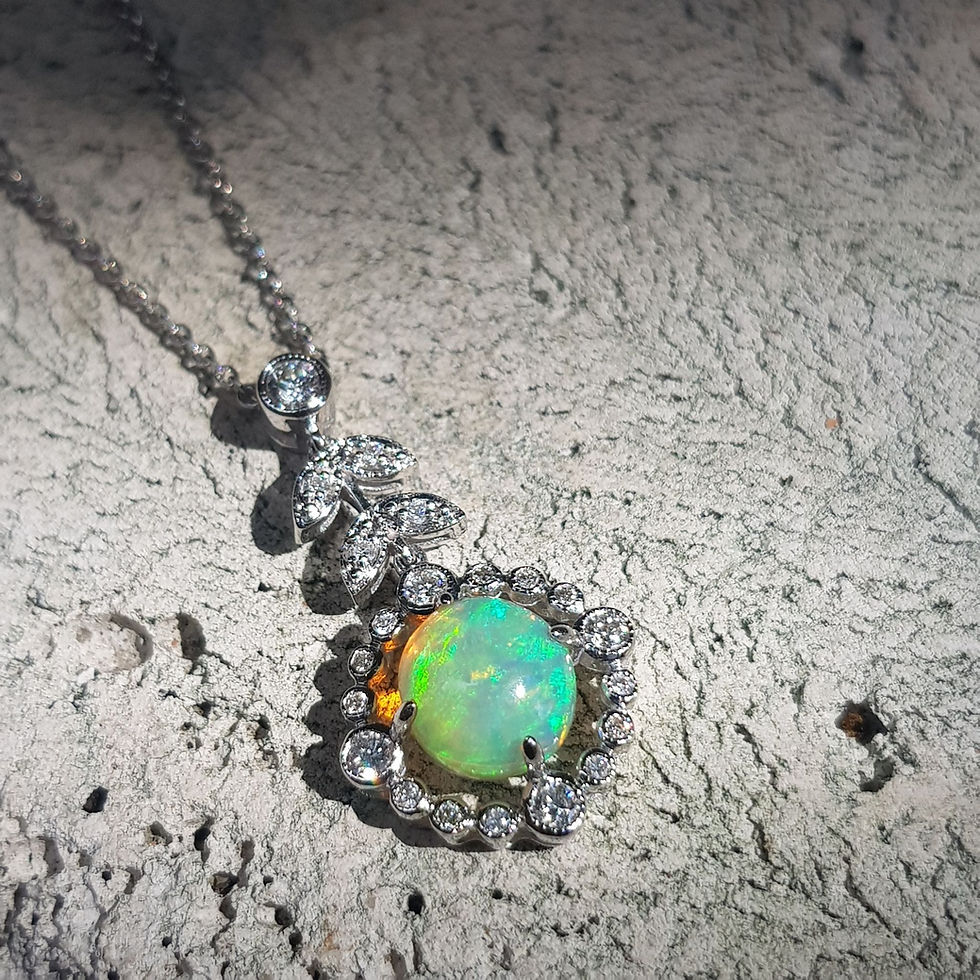 Thumbnail: Edwardian Inspired 1.95ctw Round Cabochon Opal and Diamond Halo Floral Necklace