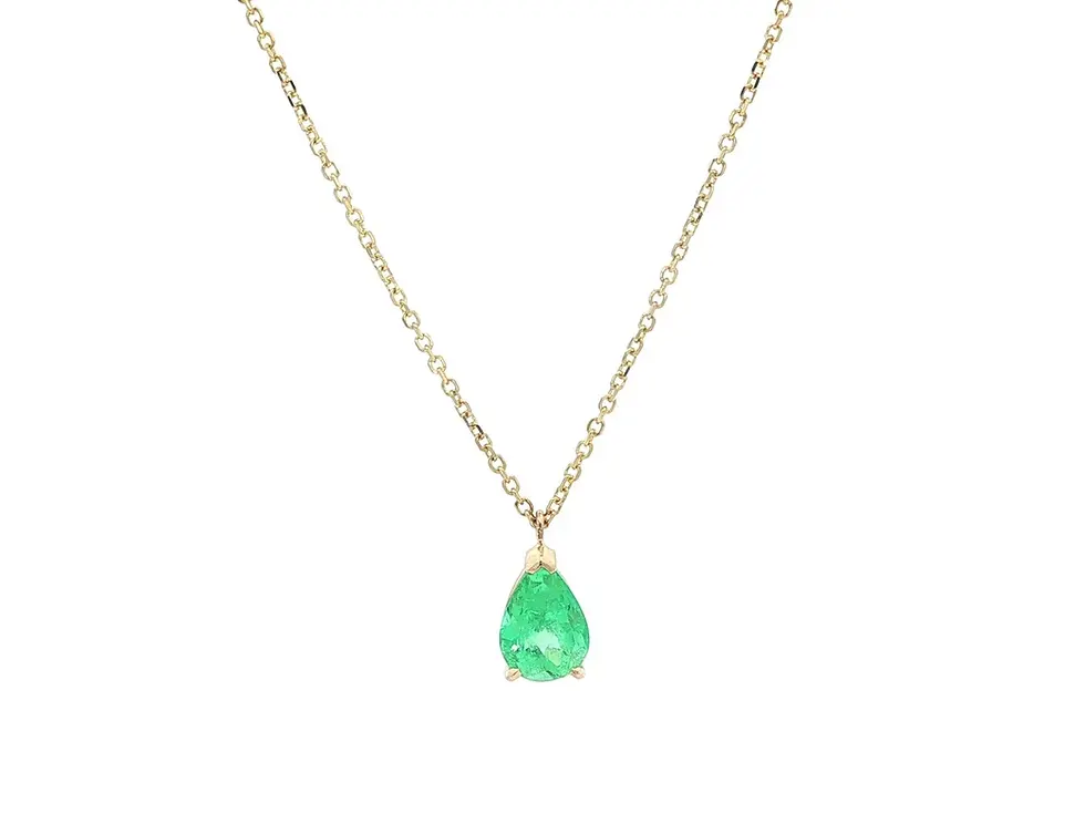 14k Yellow Gold  1.16ctw Pear Colombian Emerald Solitaire Pendant Necklace