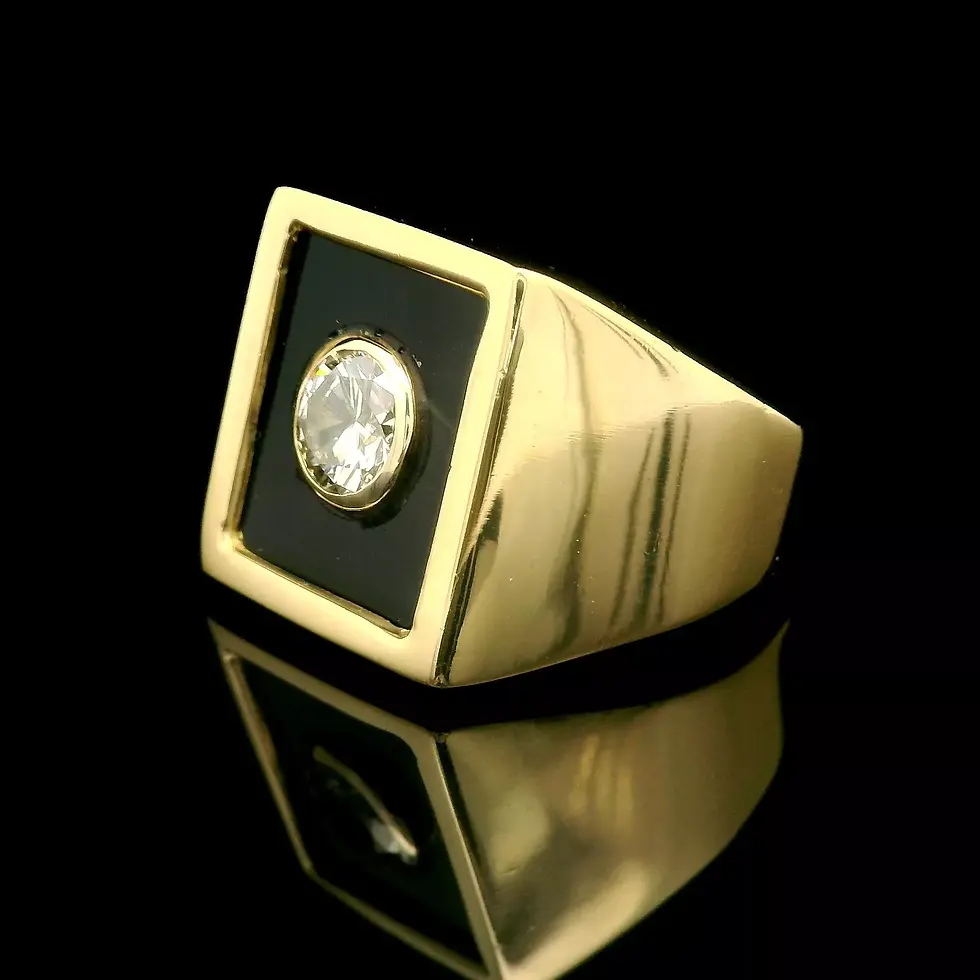 Thumbnail: 18k Yellow Gold Black Onyx Bezel 0.45ctw Diamond Unisex Squared Ring