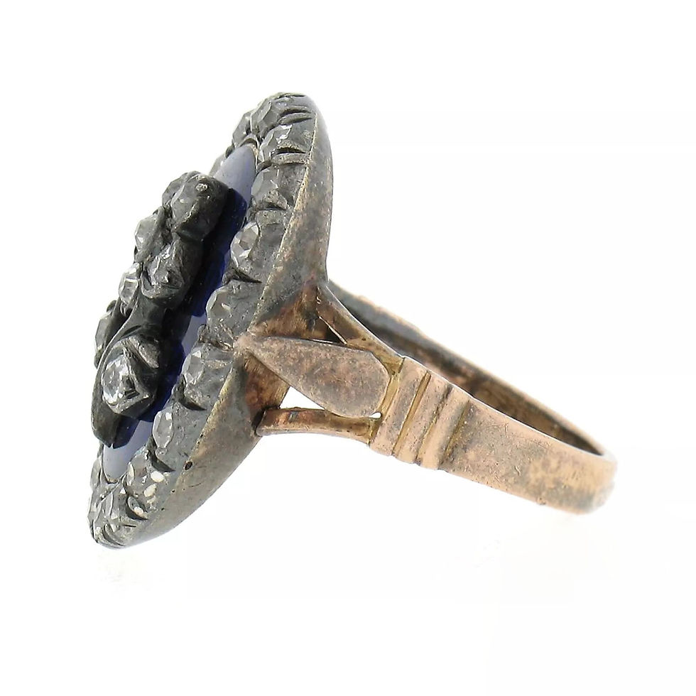 Thumbnail: Antique Georgian Gold & Silver Oval Blue Enamel Old Cut Diamond Flower Halo Ring