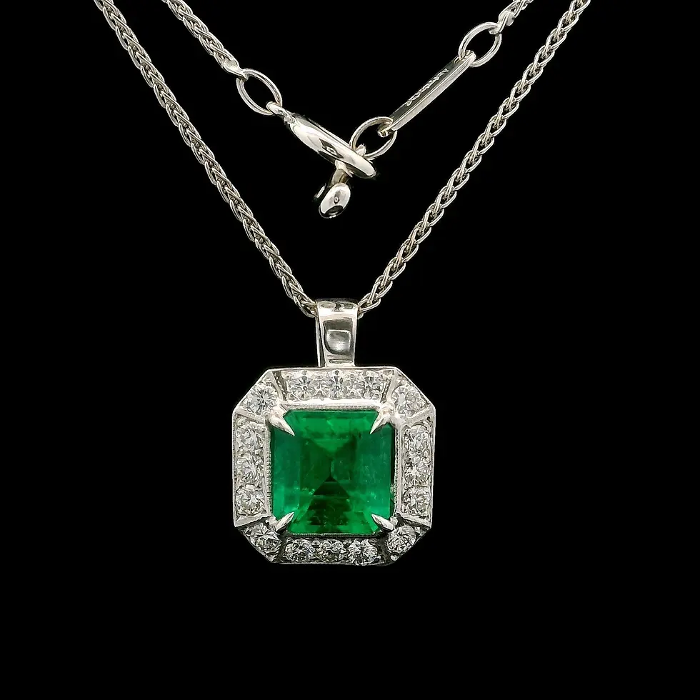 Thumbnail: 18k White Gold 2.64ctw Emerald and Diamond Pendant On Wheat Chain  Necklace