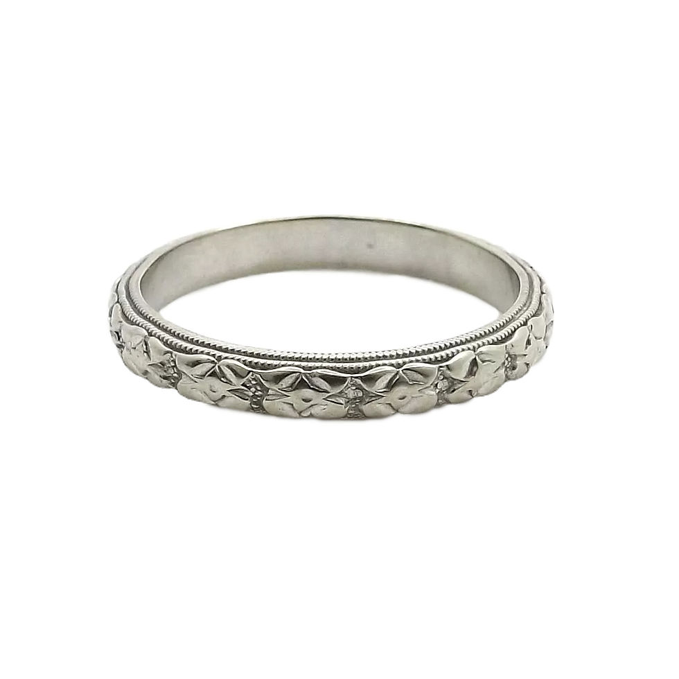 Antique Art Deco 14k White Gold Floral Repousse Wedding Band Ring