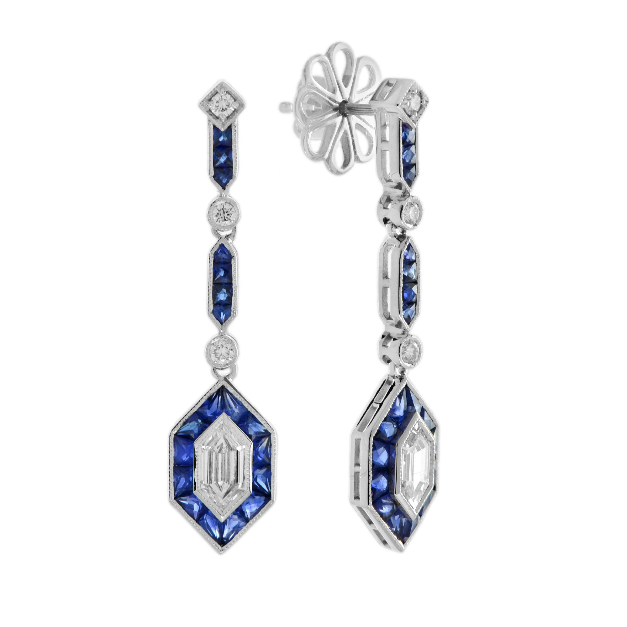 Art Deco Inspired 18k Gold 3.62ctw Hexagonal Diamond & Sapphire Dangle Earrings