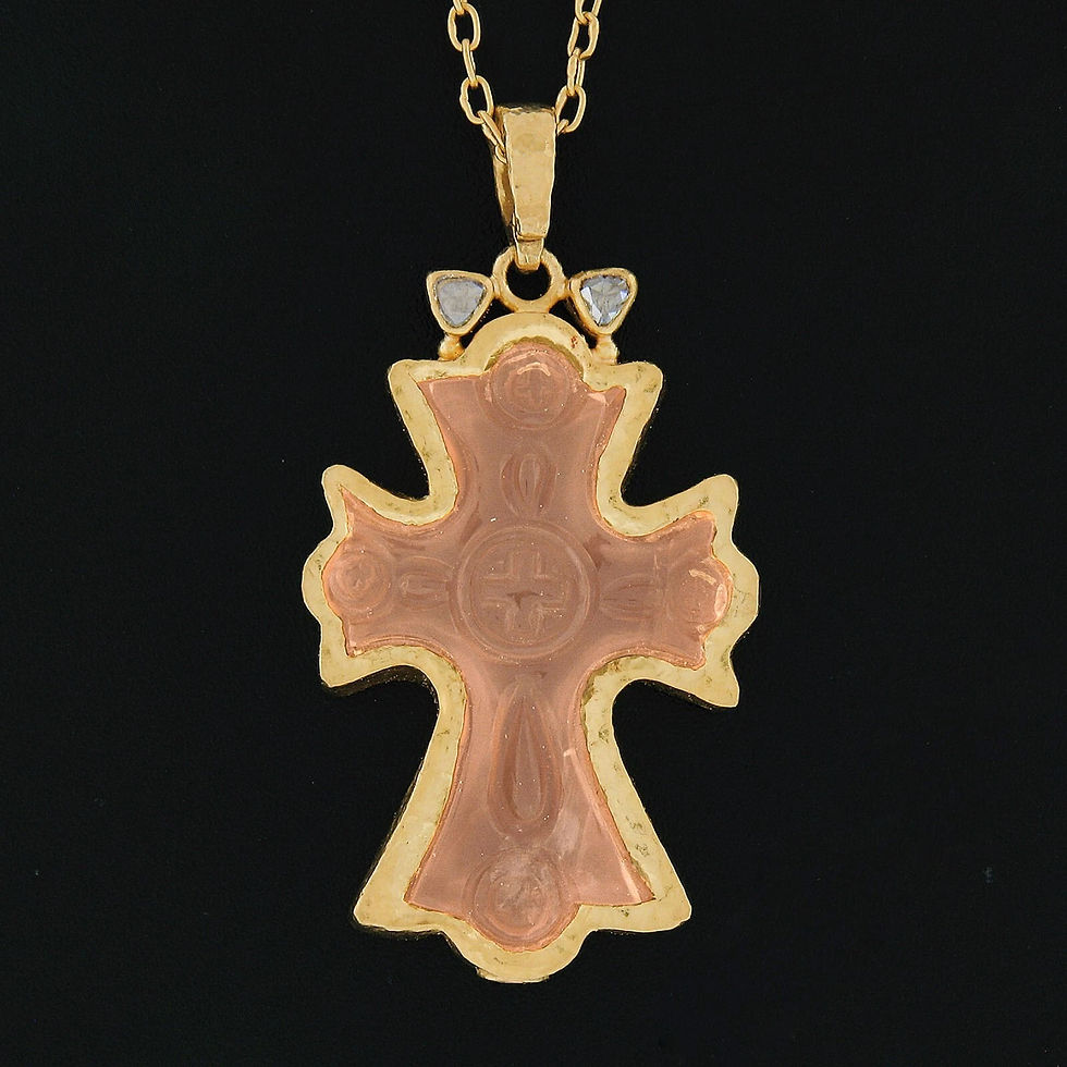 Thumbnail: Gurhan 23K Yellow Gold Carved Rose Quartz and Diamond Cross Pendant with Chain