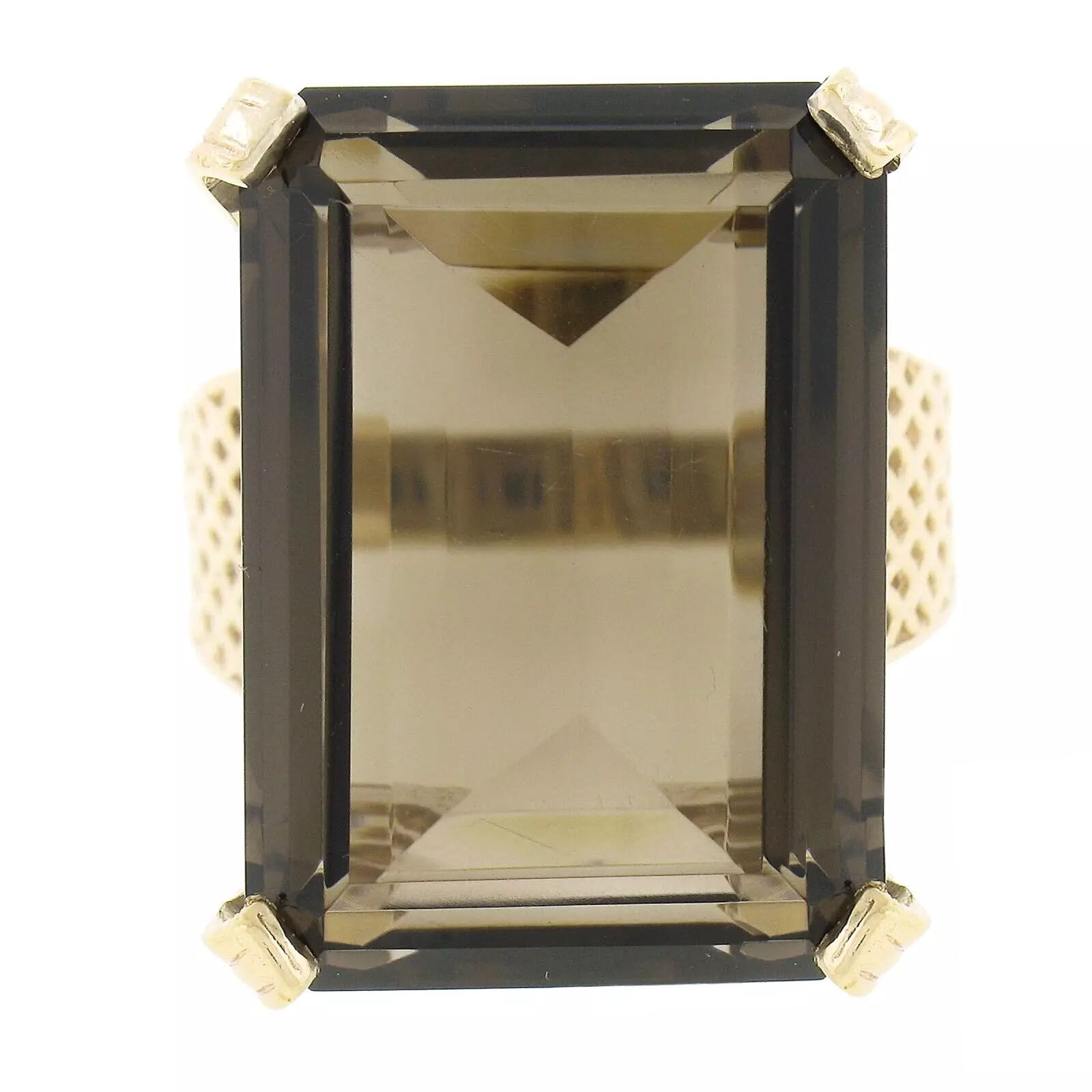 Vintage 12K Yellow Gold Large Emerald Cut Smoky Quartz Solitaire Cocktail Ring