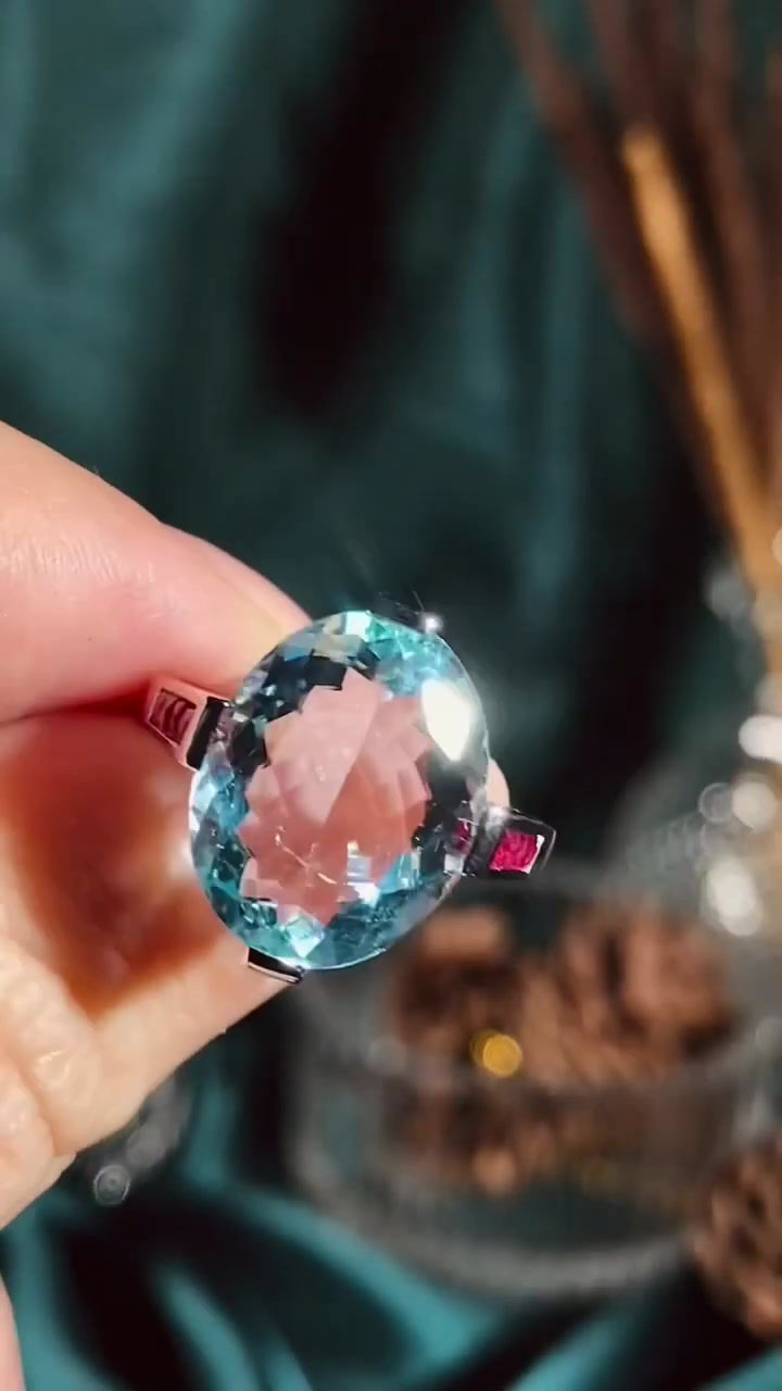 Thumbnail: Art Deco Inspired 14k White Gold 6.92ctw Oval Aquamarine and Ruby Ring
