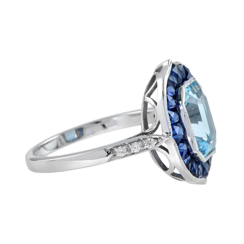 Thumbnail: Art Deco Inspired 18k Gold 6.47ctw Blue Topaz & Sapphire Shield Halo Ring