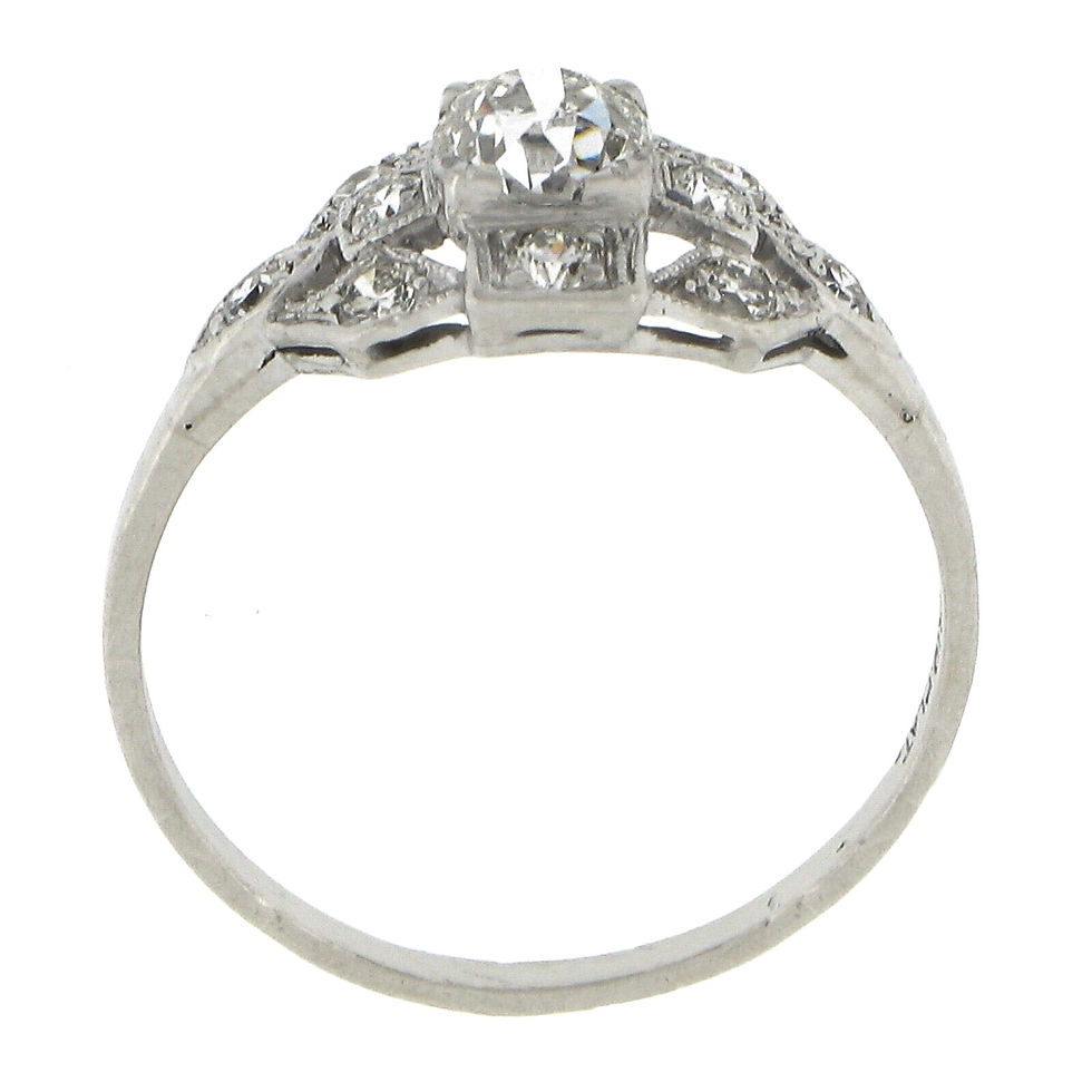 Thumbnail: Antique Art Deco Platinum 0.70ctw Old Diamond Milgrain Etched Engagement Ring