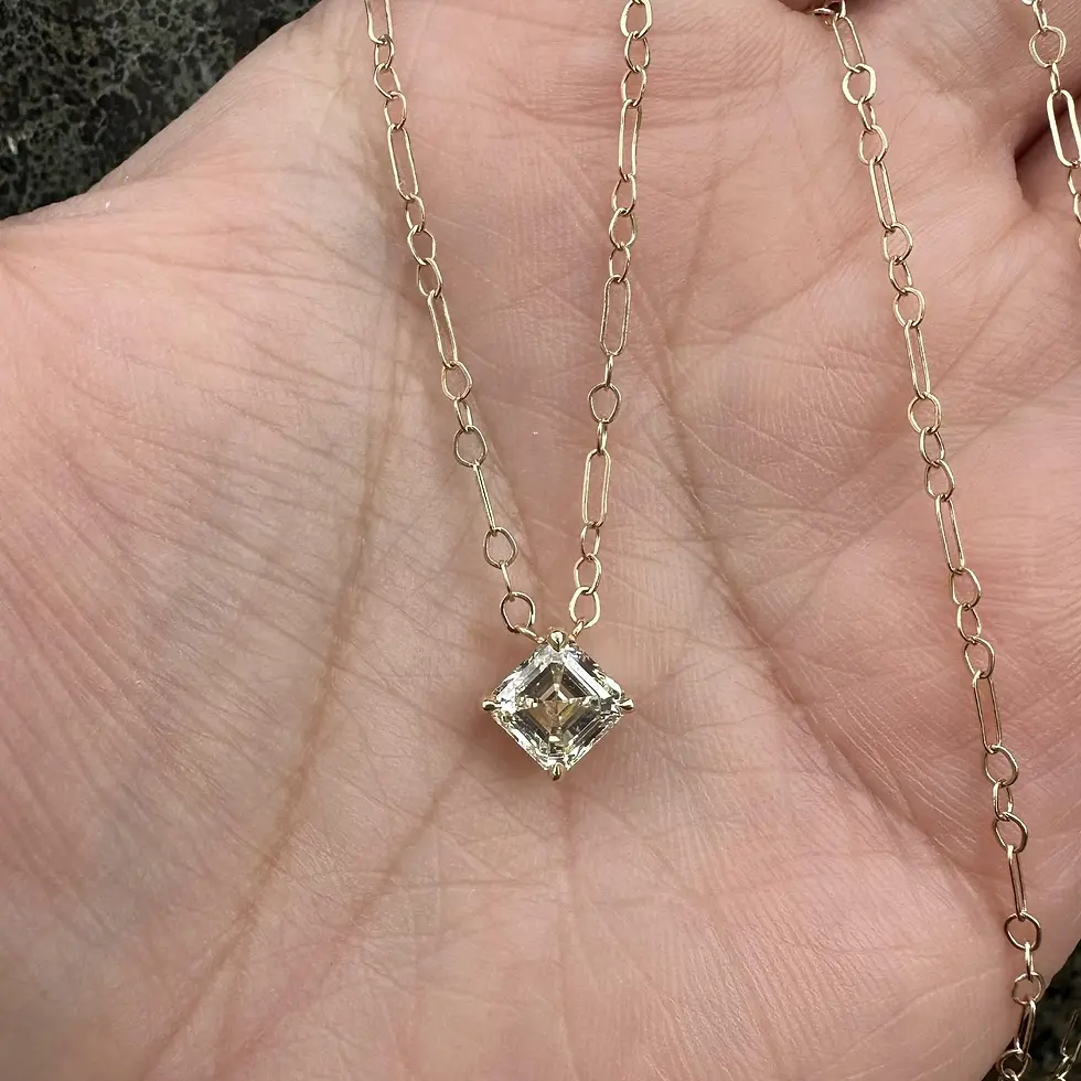 Solid Gold 1.50ctw Asscher Diamond Pendant on Antique Open Link Chain Necklace