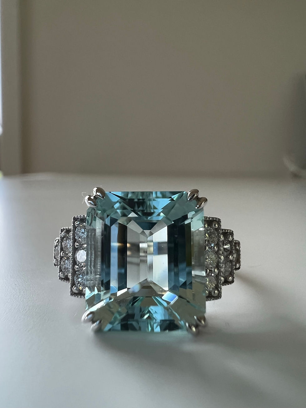 Thumbnail: Art Deco Inspired 14K White Gold 6.60ct Aquamarine & Diamond Ring