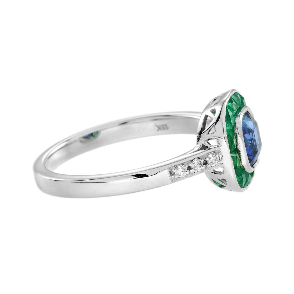 Thumbnail: Art Deco Inspired 18k Gold 3.36ct Sapphire & Emerald Square Halo Engagement Ring