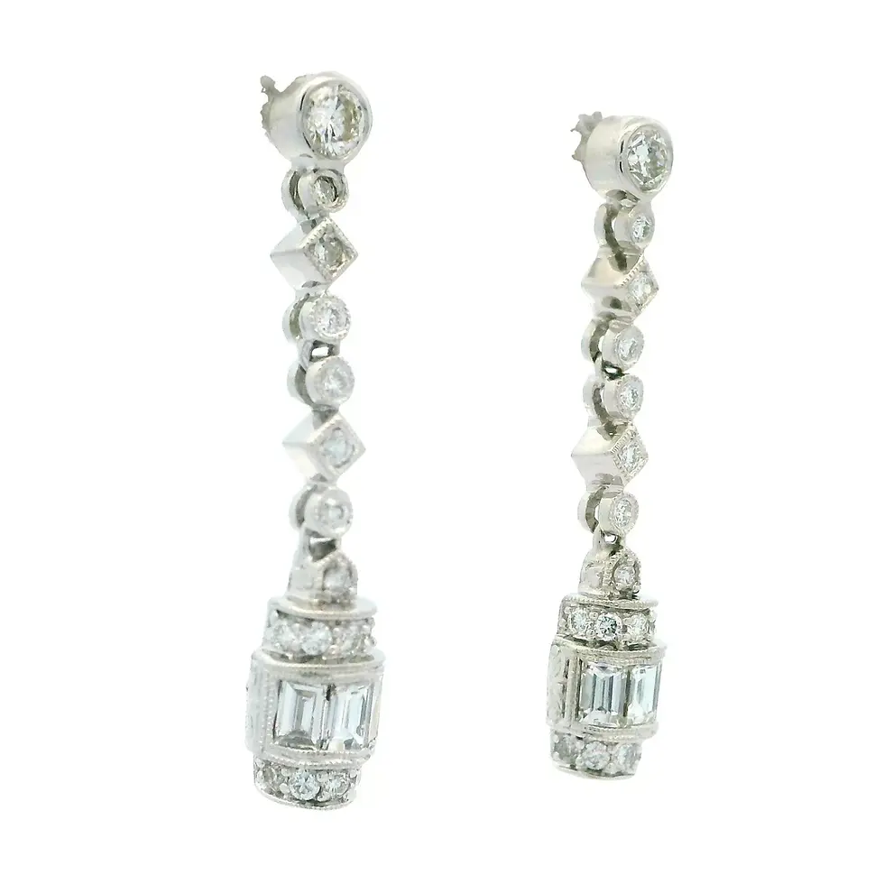 Thumbnail: Art Deco Design 18k White Gold 1.31ctw Diamond Dangle Drop Elegant Earrings
