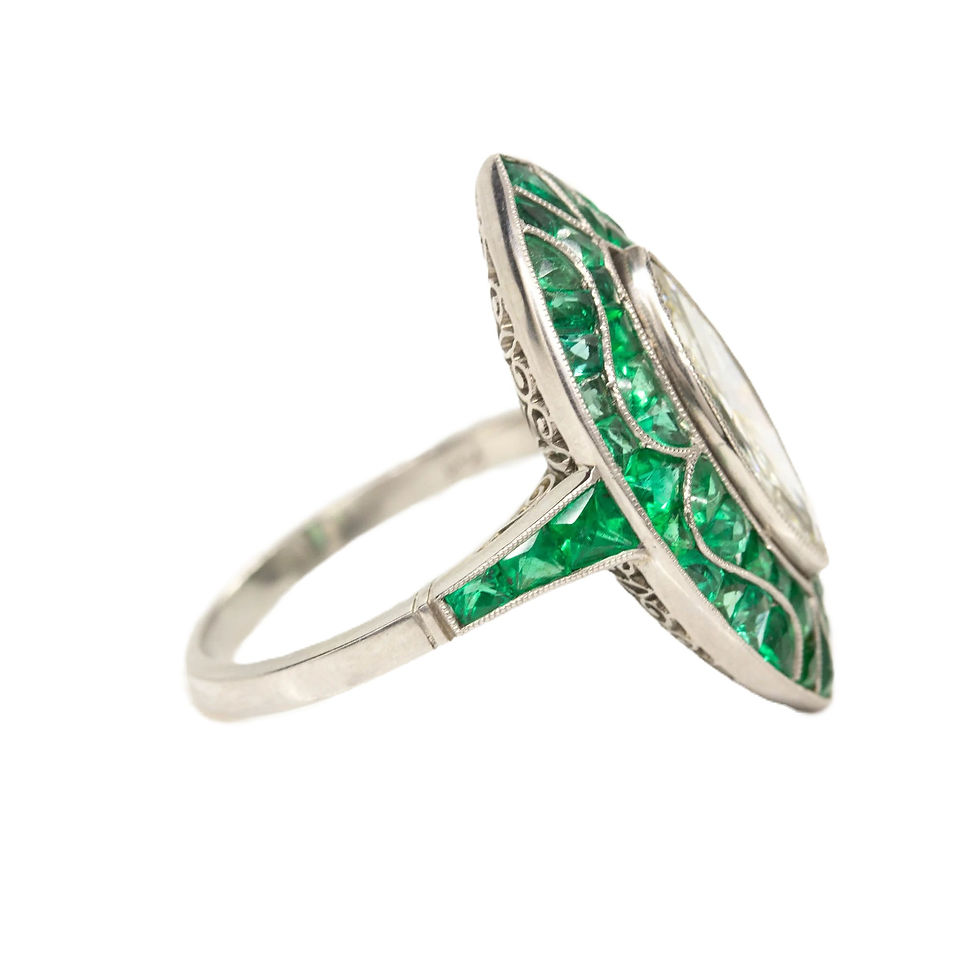 Thumbnail: Art Deco Inspired Platinum 7.63ctw Marquise Cut Diamond and Emerald Navette Ring