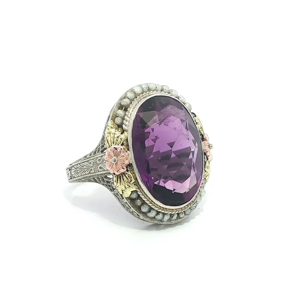 Thumbnail: Antique Art Deco 14k Tri Color Gold Oval Amethyst Seed Pearl Filigree Ring