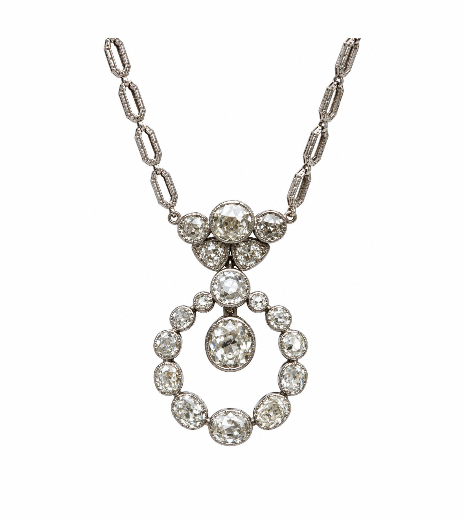 Antique Edwardian Platinum Gold 7.25ctw Old Mine Cut Diamond Pendant Necklace