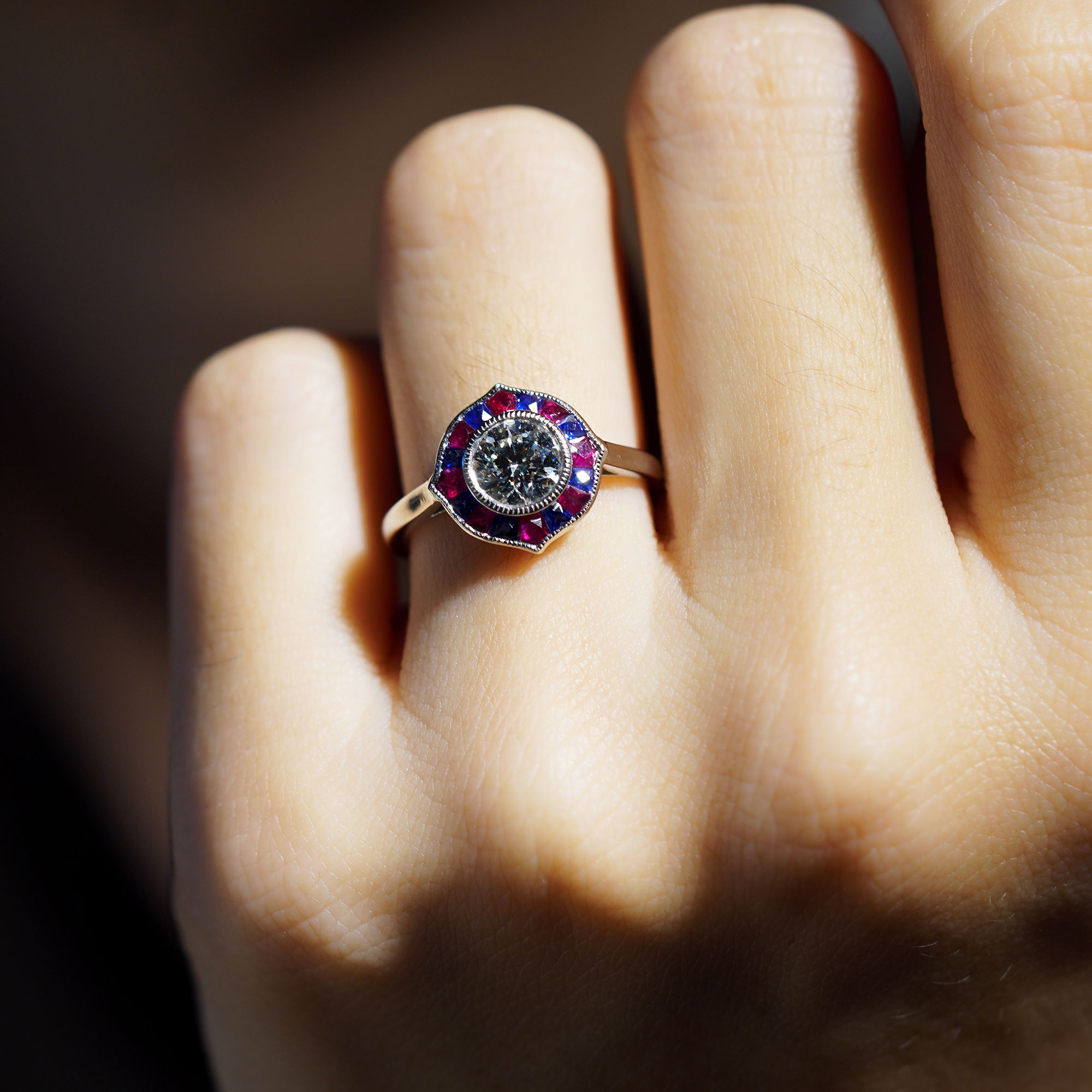 Art Deco Design Diamond Solitaire Sapphire and Ruby Target Engagement Ring