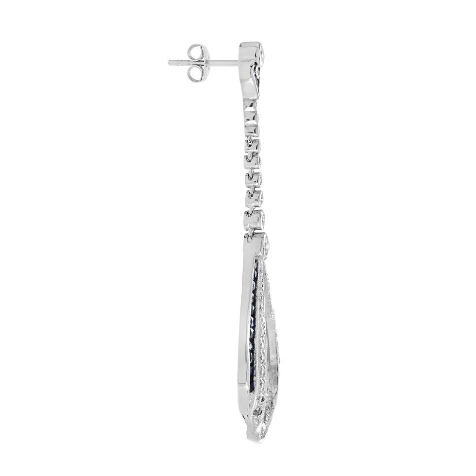 Thumbnail: Art Deco Inspired 5.67ct Diamond & Calibre Sapphire Ribbon Drop Dangle Earrings