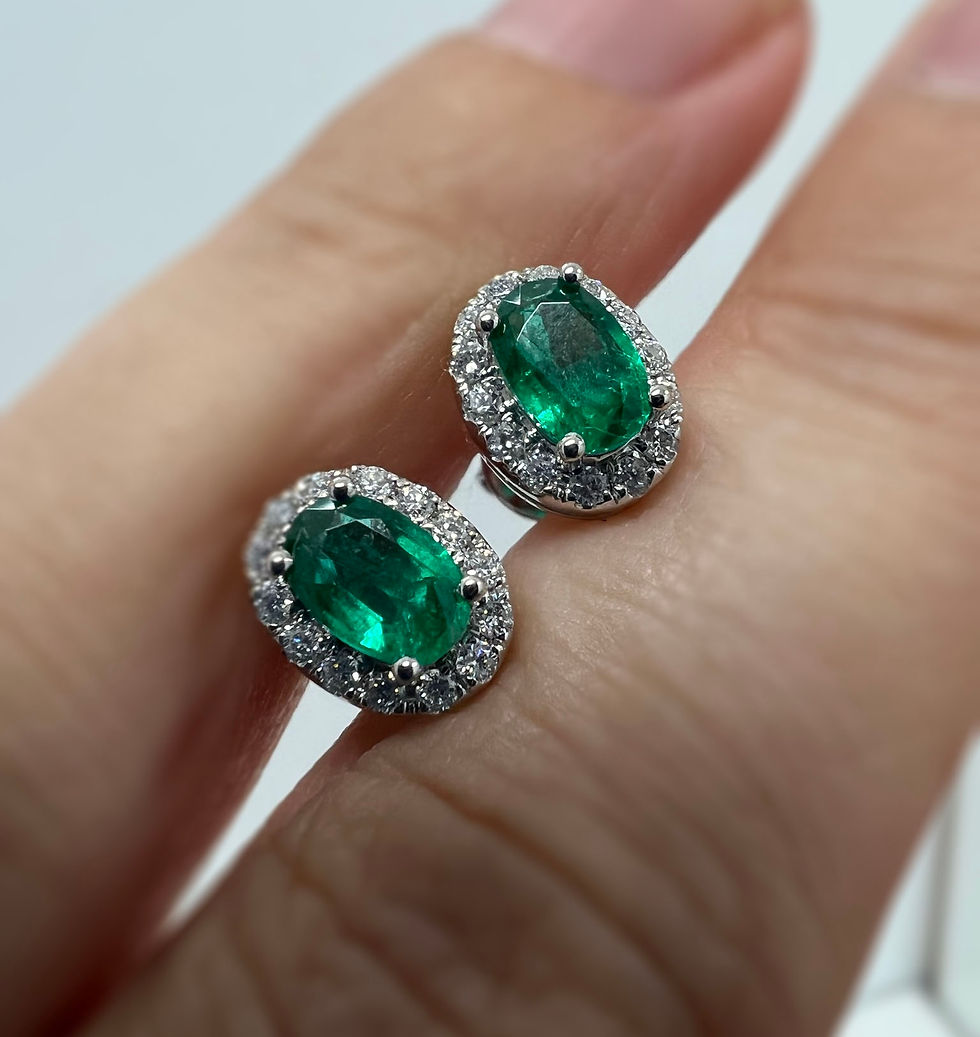 Thumbnail: 14k Gold 1.20ctw Oval Natural Emerald and Diamond Halo Stud Earrings