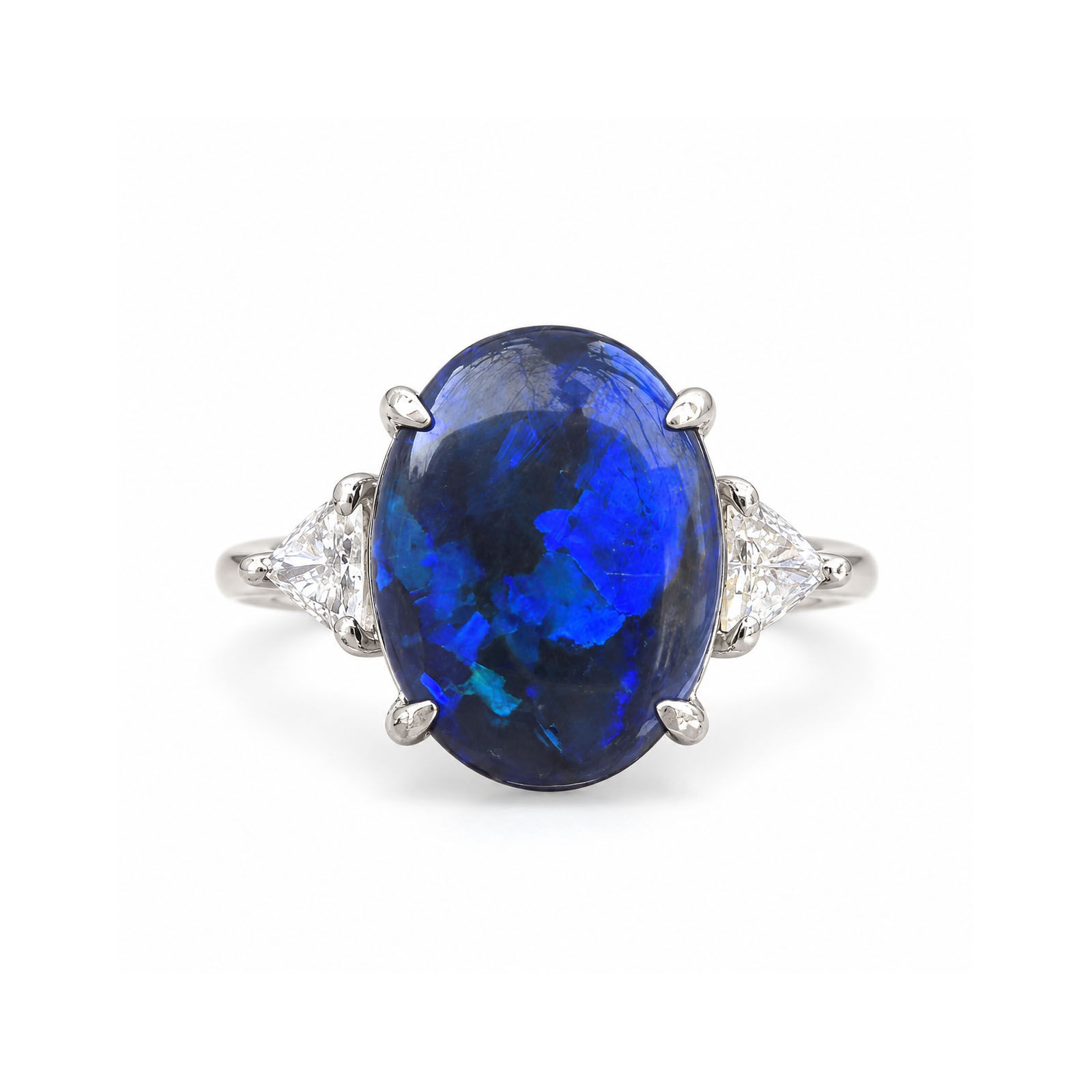 Platinum 3.47ctw Black Blue Green Play Opal w Trillion Diamond Sides Ring