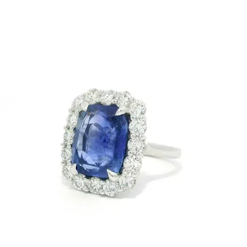 Thumbnail: Platinum GIA 10.96ct No Heat Ceylon Sapphire Diamond Halo Substantial Ring