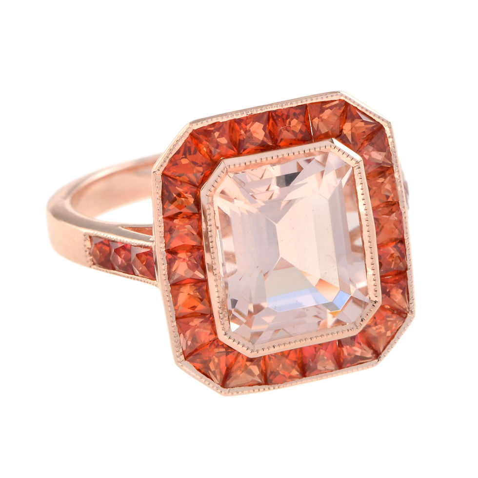 Thumbnail: Art Deco Style 18k Rose Gold 3.85ctw Morganite & Orange Sapphire Halo Ring
