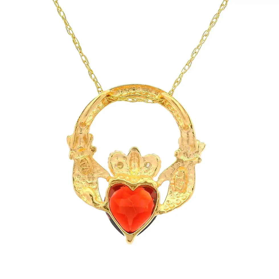 Thumbnail: 14k Yellow Gold Garnet and Diamond Claddagh Heart Pendant w/ Rope Chain Necklace