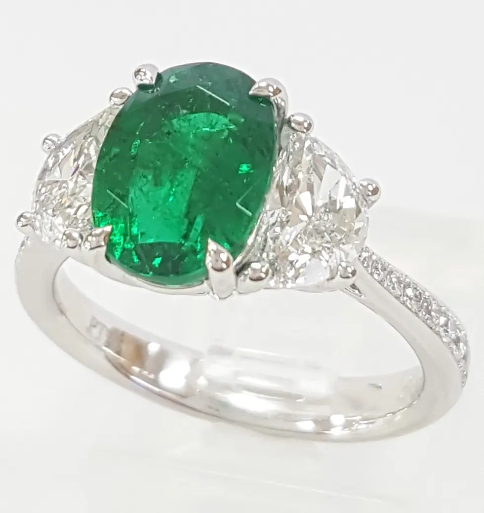 Thumbnail: Platinum 3.73 ctw Oval Green Emerald Half Moon Diamond Engagement Ring