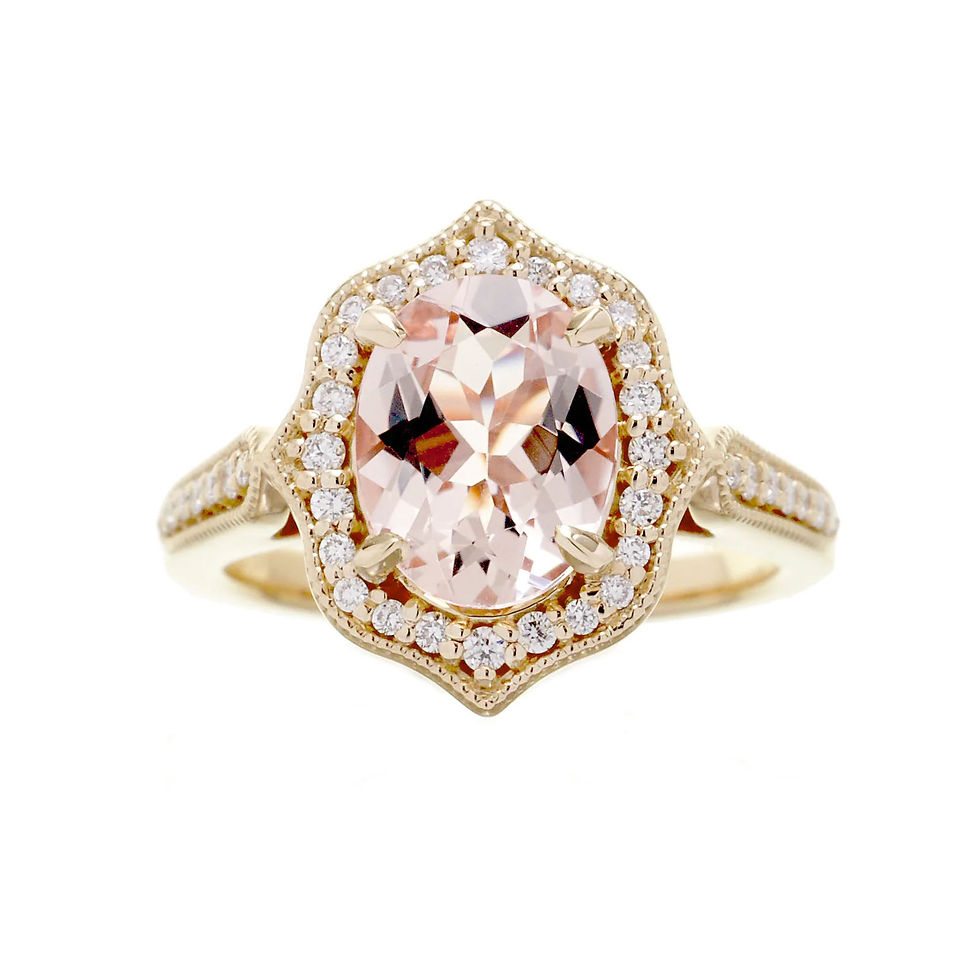 Thumbnail: Vintage Inspired 9x7mm Oval Morganite and Diamond Halo Ring