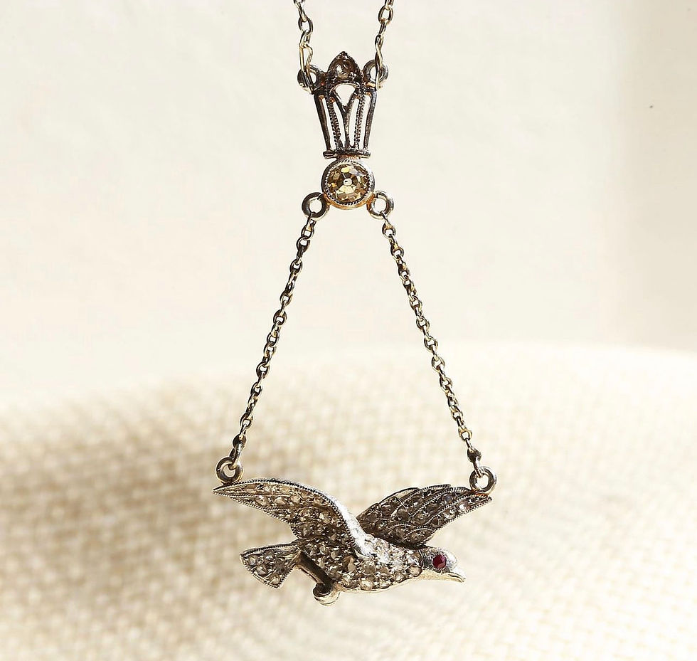 Thumbnail: Antique Edwardian Platinum and Rose Cut Diamond Swallow Bird  Lavaliere Necklace