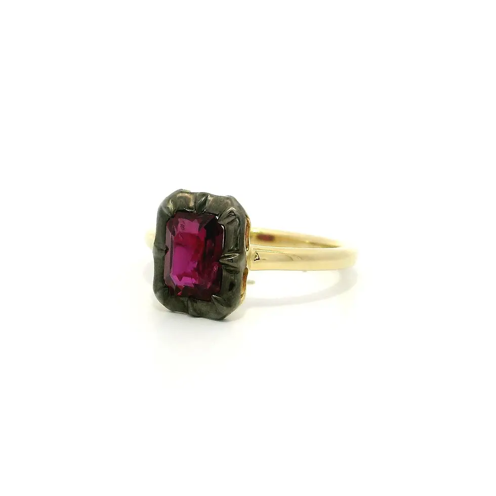 Thumbnail: 18k Gold & Silver Top 1.53ctw Emerald Cut Collet Set Ruby Solitaire Low Ring