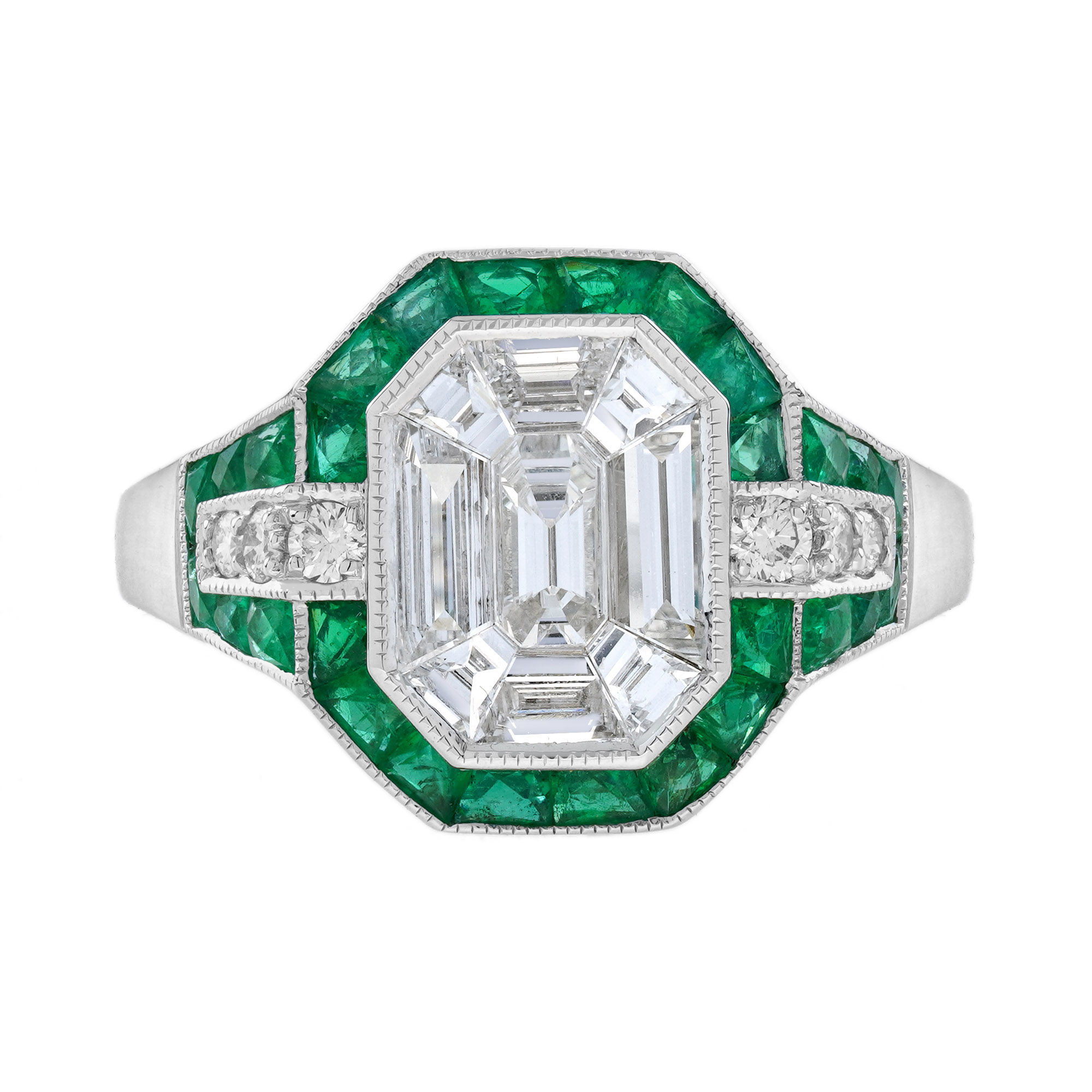 Art Deco Inspired 18k Gold 2.69ctw Diamond and Emerald Illusion Set Ring
