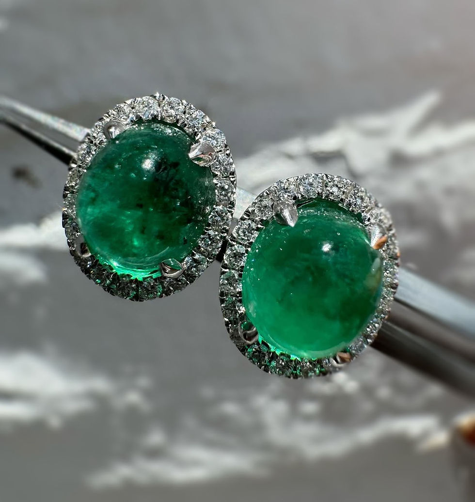 18k White Gold 3.07ctw Oval Cabochon Emerald and Diamond Halo Stud Earrings