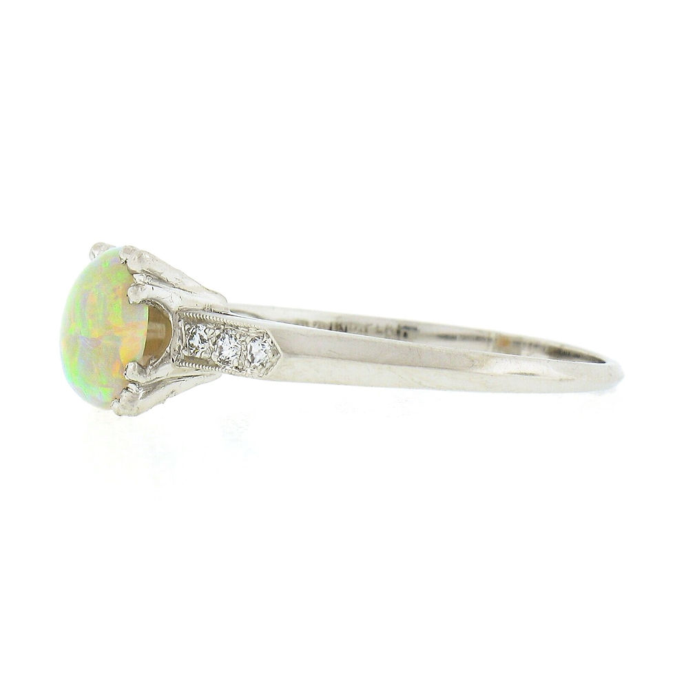 Thumbnail: Vintage Platinum 7.6mm Prong Round Cabochon Opal Solitaire Diamond Accents Ring