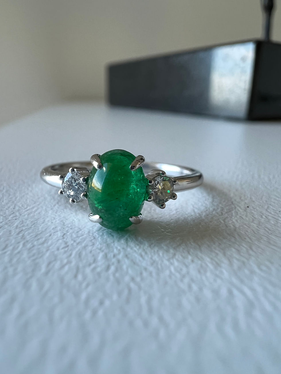 Thumbnail: 14k White Gold Emerald & Diamond 3 Stone 1.10ctw Right Hand Ring