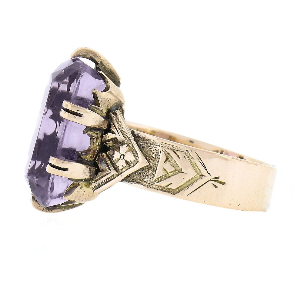 Thumbnail: Antique Victorian 10K Gold Rectangular Cut Amethyst Solitaire Engraved Ring