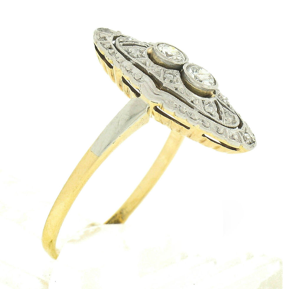 Thumbnail: Antique Edwardian 14K Gold & Platinum European Diamond Open Navette Dinner Ring