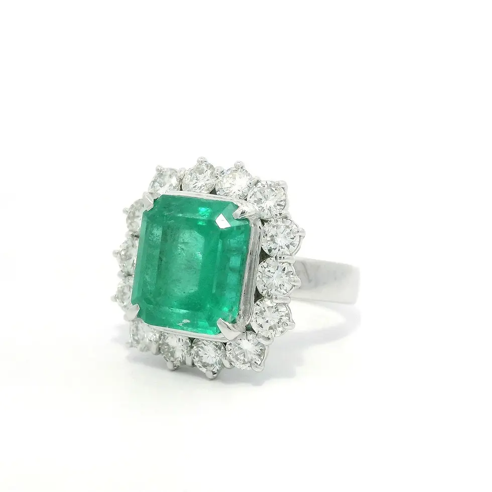 Thumbnail: Platinum  7.59ctw Colombian Emerald with Diamond Halo Substantial Ring