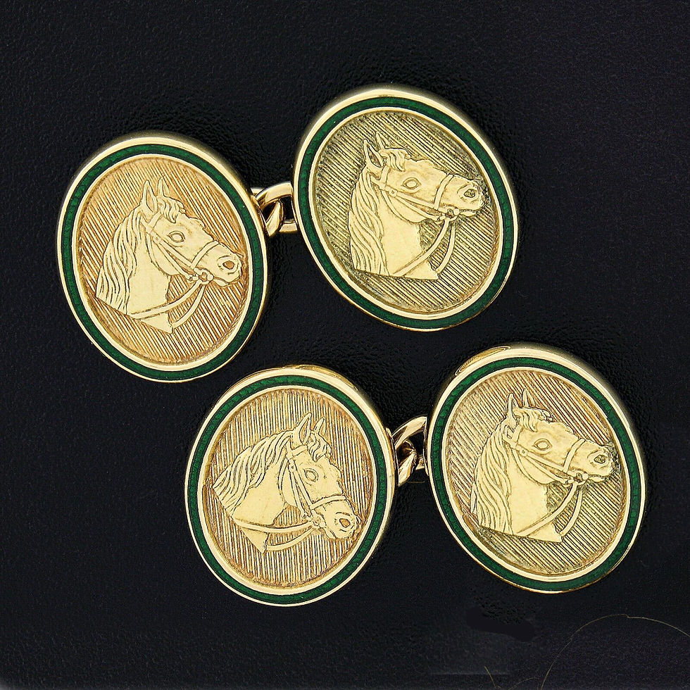 Thumbnail: 18k Yellow Gold English Horse Head Green Enamel Border Cuff Links