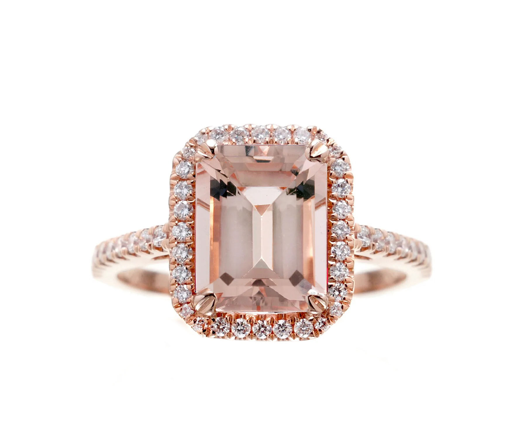 NEW 9x7mm Emerald Cut Morganite and Diamond Halo Ring