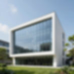 Modern white building with large glass windows and green lawn