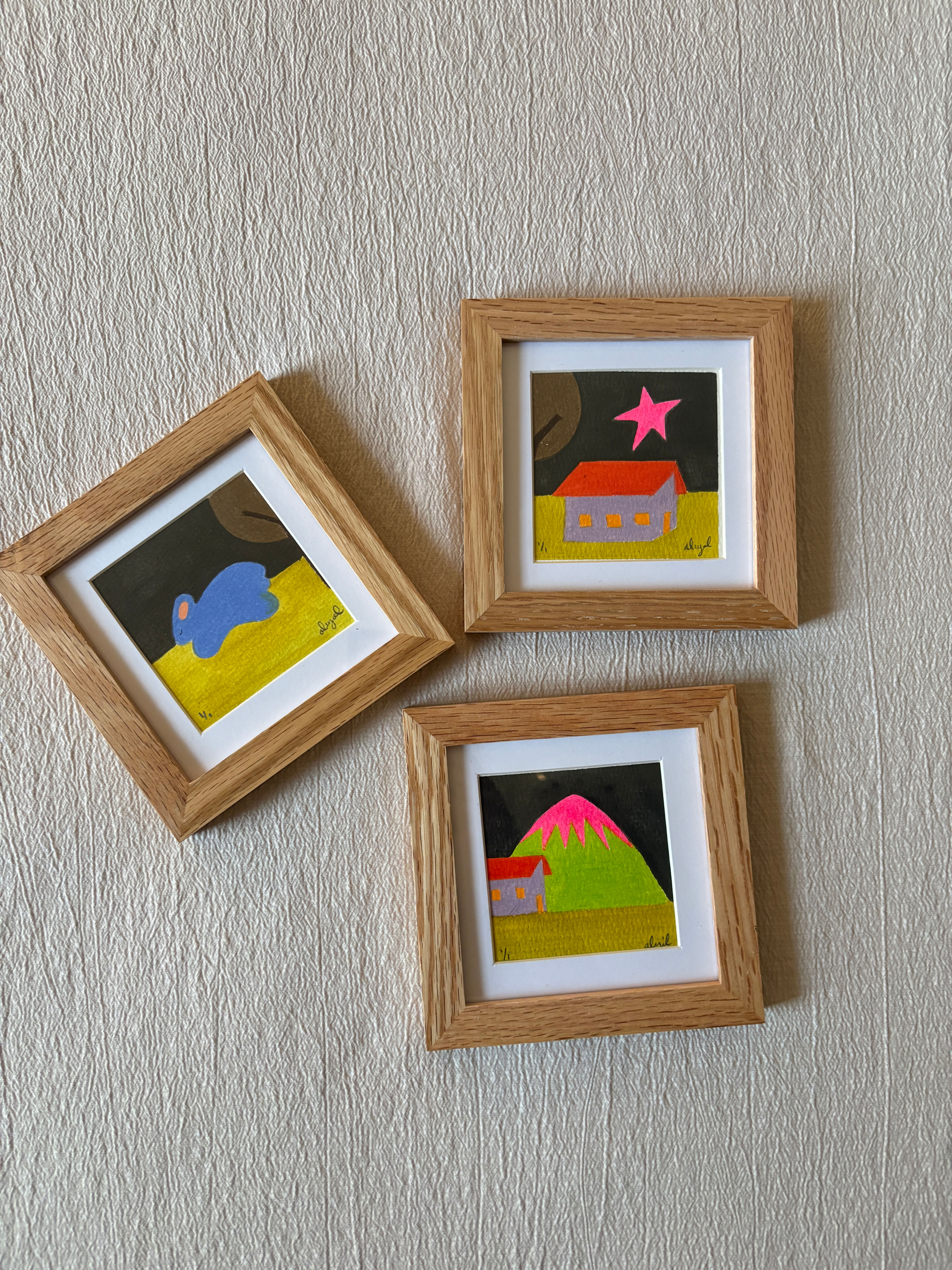 Charming Trio Framed Original Artwork Featuring Blue Bunny