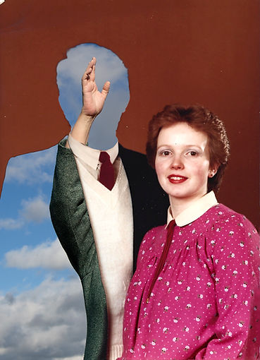 photo d'archives de mariage. Le monsieur est découpé et un collage d'une photo contemporraine est inscrit dedans