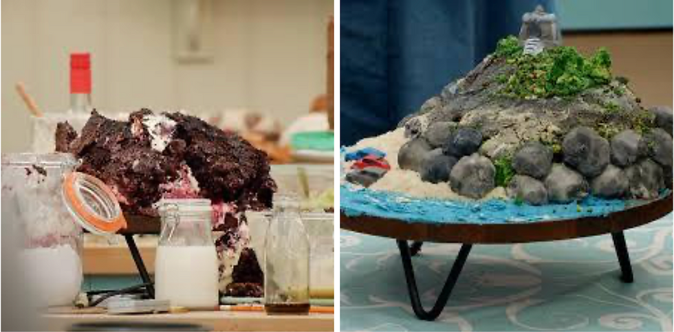 Side to side of the same bake: Iain’s disaster turned masterpiece.                                                                        Images: https://www.facebook.com/greatbritishbakeoff/posts/the-ultimate-comeback-from-iain/1232970258862589/