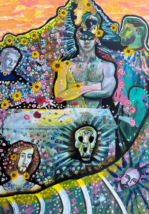 male body, painting, figurative painting, contemporary painting, gayart, skull, flowers