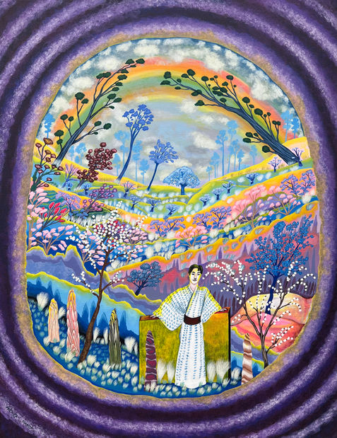 garden painting, landscape paitning, rainbow, japan landscape, contemporary painting, male, figurative painting, contemporary painting, gayart